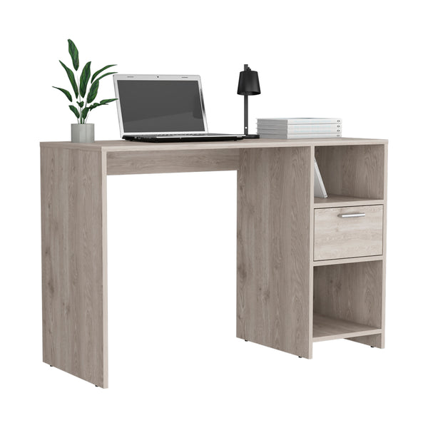 English Elm Computer Desk With Storage Shelves & Drawer - Stylish Light Gray Design For Small Spaces! B097133108