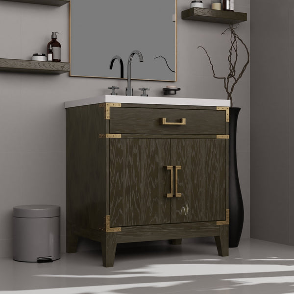 English Elm Brown Oak Single Bath Vanity With White Quartz Countertop & 28" Mirror – Elegant Storage Solution B2731S01454