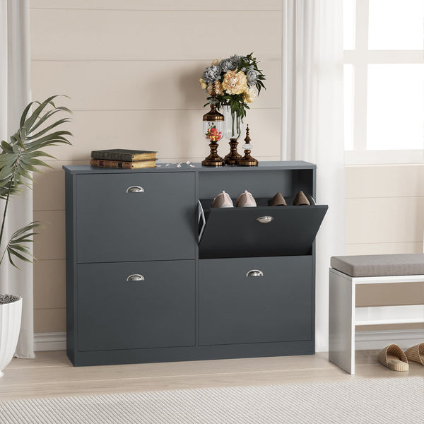 English Elm Shoe Cabinet Slim Flip-Top Rack with 4 Adjustable Drawers, Anti-Tip Entryway Organizer, Compact Gray W2386P308737