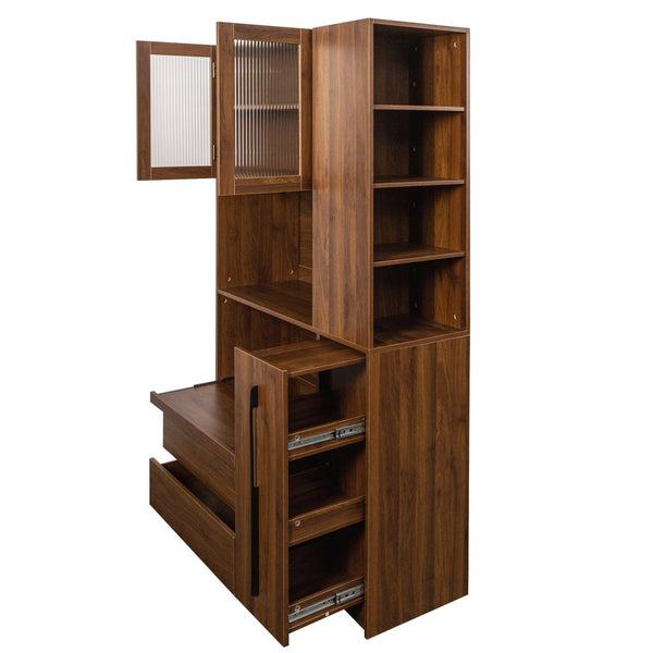 English Elm 70.87" Tall Kitchen Pantry Cabinet – Multi-Functional Storage With Glass Door, Drawers & Microwave Stand W331S00197