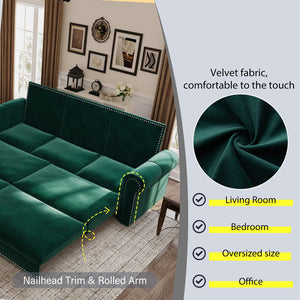 English Elm Chesterfield Sofa, 93.7" Velvet 3-In-1 Convertible Sleeper Bed With Nailhead Trim & Pillows, Green W1885S00099