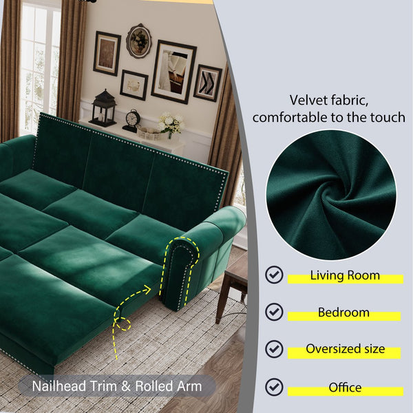 English Elm Chesterfield Sofa, 93.7" Velvet 3-In-1 Convertible Sleeper Bed With Nailhead Trim & Pillows, Green W1885S00099
