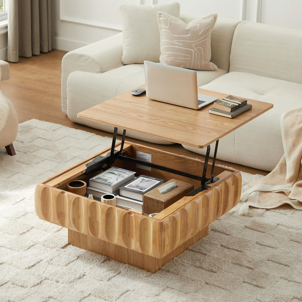 English Elm Square Lift-Top Coffee Table with Poplar Frame, Ash Veneer, Lift-Top Workspace and Hidden Storage Natural Wood W3137P363226