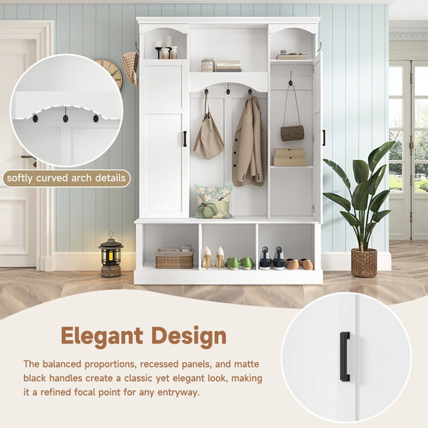 English Elm On-trend Farmhouse Hall Tree with Dual Cabinets Seven Hooks and Arched Entryway Storage White N721S000078K