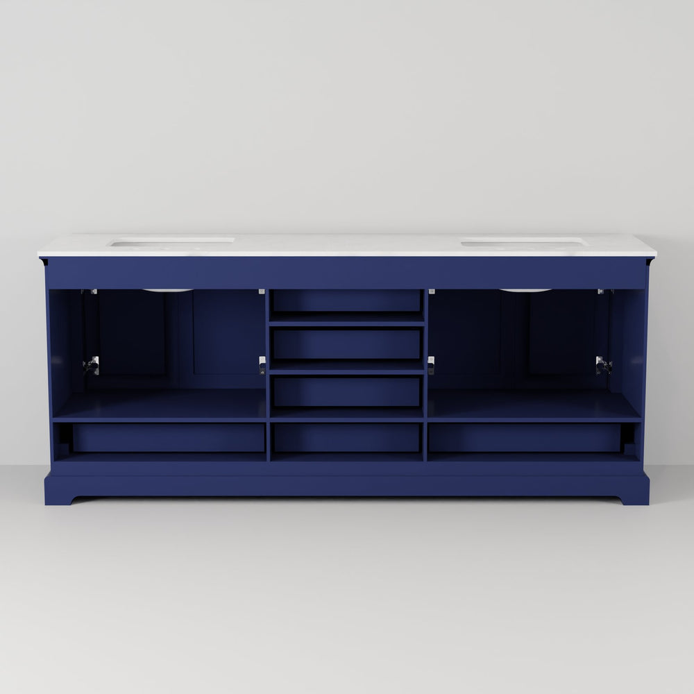 English Elm Navy Blue Double Bath Vanity With Carrara Marble Top, Chrome Faucet Set & 30” Mirrors, 80” Wide B2731S01033