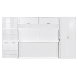English Elm Full Size Murphy Wall Bed with Wardrobe Drawers Shelving for Studio Apartments LP000383AAK