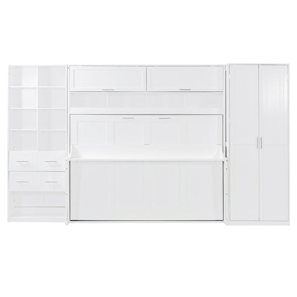 English Elm Full Size Murphy Wall Bed with Wardrobe Drawers Shelving for Studio Apartments LP000383AAK