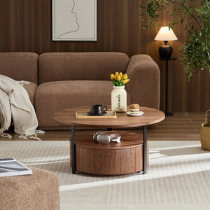 English Elm Round Storage Coffee Table with Drawer Ash Wood Grain Matte Finish Modern Living Room Walnut W2085P384594