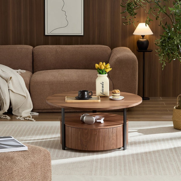 English Elm Round Storage Coffee Table with Drawer Ash Wood Grain Matte Finish Modern Living Room Walnut W2085P384594