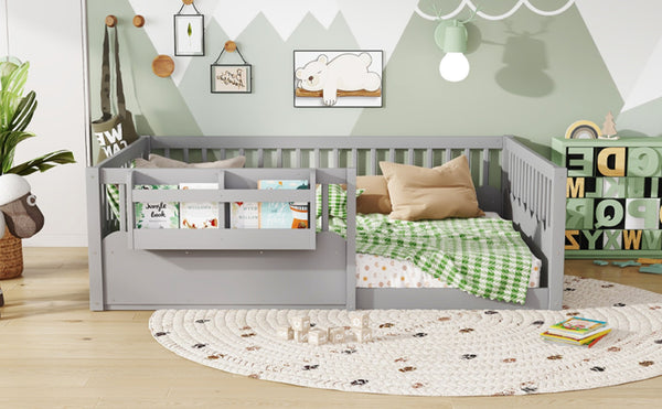 English Elm Twin Low Profile Kids Floor Bed Pine Wood Frame with Safety Rail and Built in Bookshelf Gray W1580P373140