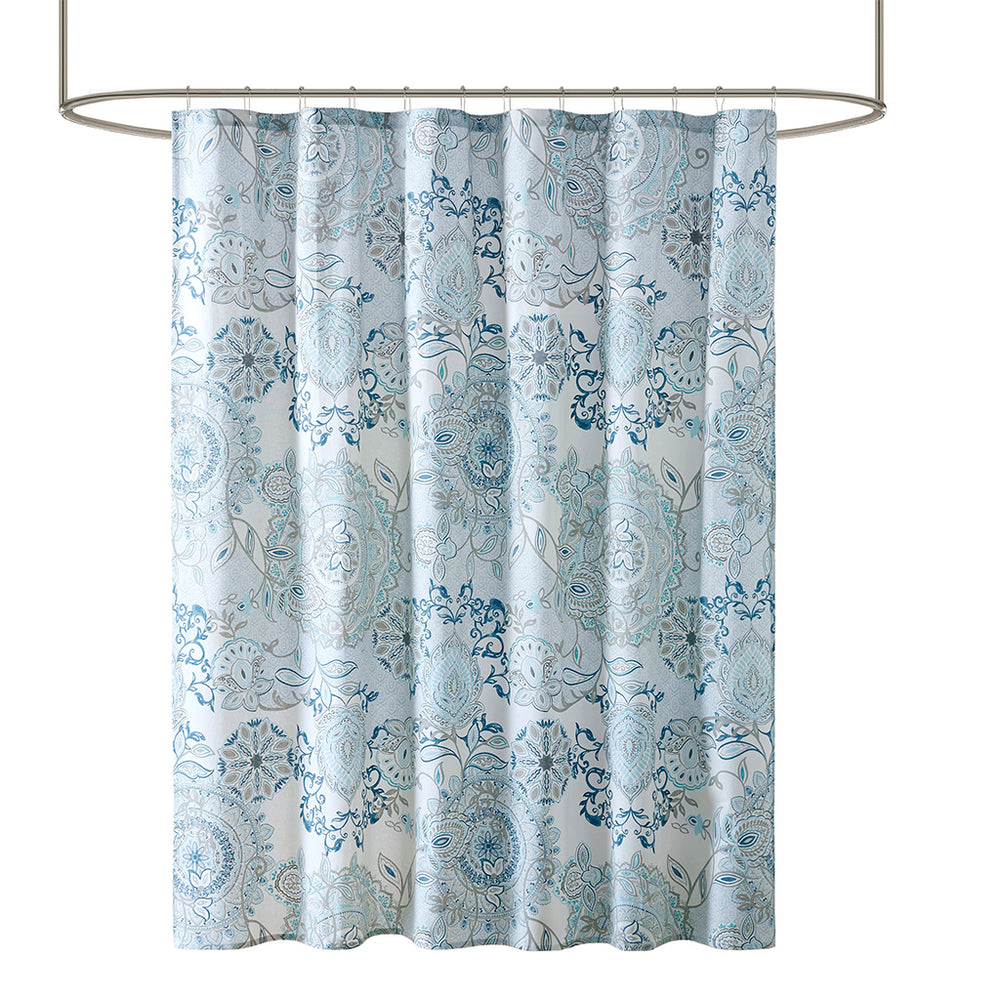 JLA Home Madison Park - Printed Cotton Shower Curtain — Soft Blue Floral & Medallion Percale, OEKO-TEX, 72"x72", Machine Washable MP70-5822