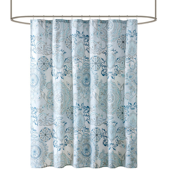 JLA Home Madison Park - Printed Cotton Shower Curtain — Soft Blue Floral & Medallion Percale, OEKO-TEX, 72"x72", Machine Washable MP70-5822