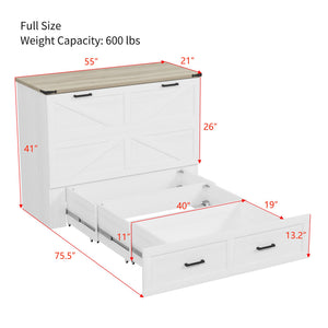 English Elm Full Farmhouse Murphy Cabinet Bed with Charging Station and Large Drawers, Space-Saving Guest Solution White 52.25 L x 26.25 W x 5.25 H N733S237853W