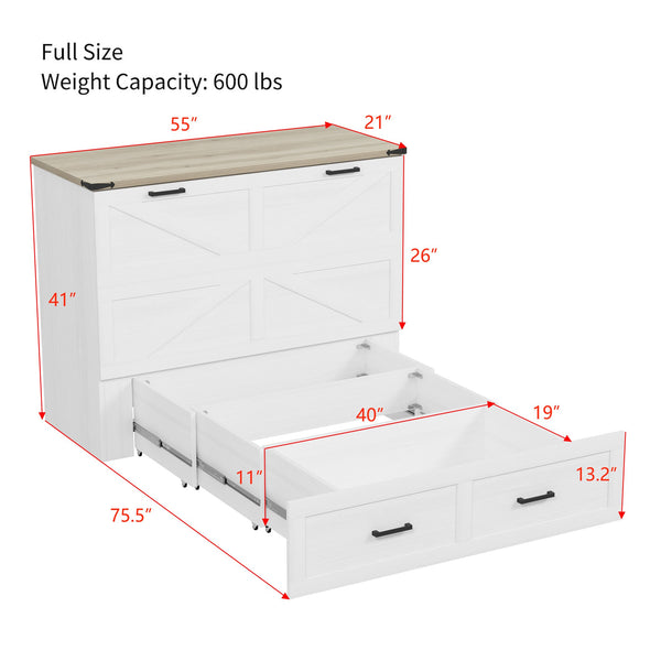 English Elm Full Farmhouse Murphy Cabinet Bed with Charging Station and Large Drawers, Space-Saving Guest Solution White 52.25 L x 26.25 W x 5.25 H N733S237853W