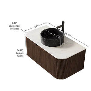 English Elm Dina Floating Bathroom Vanity Sintered Stone Top Glass Basin Striped Plywood Cabinet Black,Carrara White,Walnut W2615S00712
