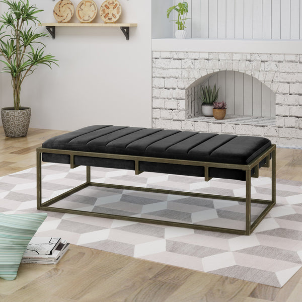 English Elm Christopher Knight Home® - Upholstered Velvet Ottoman Bench – Elegant Brass Frame, Chic Black Design For Modern Interiors N757P256384B