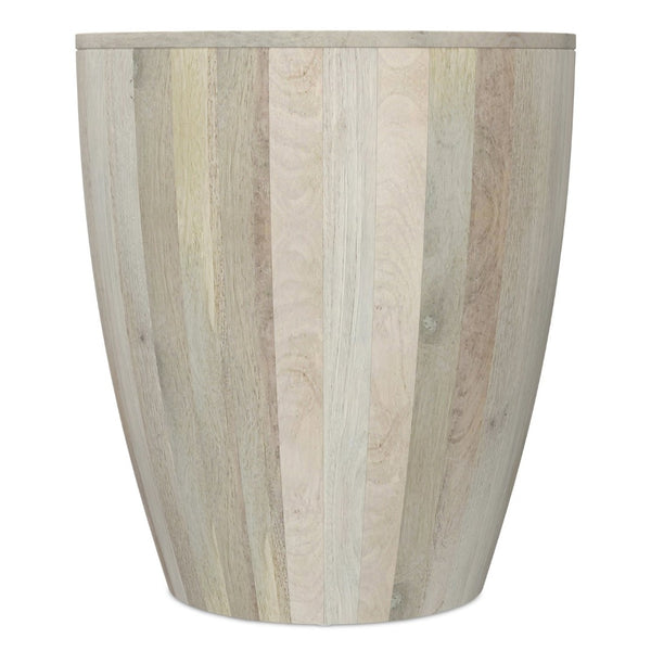 English Elm Elmbrook Solid Mango Wood Drum Side Table Whitewash Finish Vertical Panel Detail B136P419860