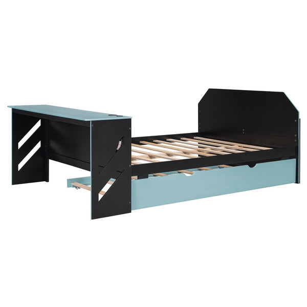 English Elm Full Size Wood Daybed with Twin Trundle Desk and Usb Charging for Teen Rooms Blue LT000262AAC