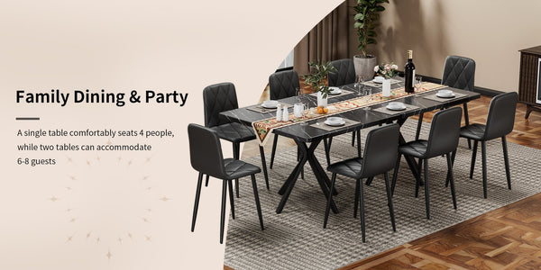 English Elm Square MDF Dining Set for 4 with Faux Marble Top, Mid-Century Modern Iron Legs, Easy-Clean Surface Black W578S00027