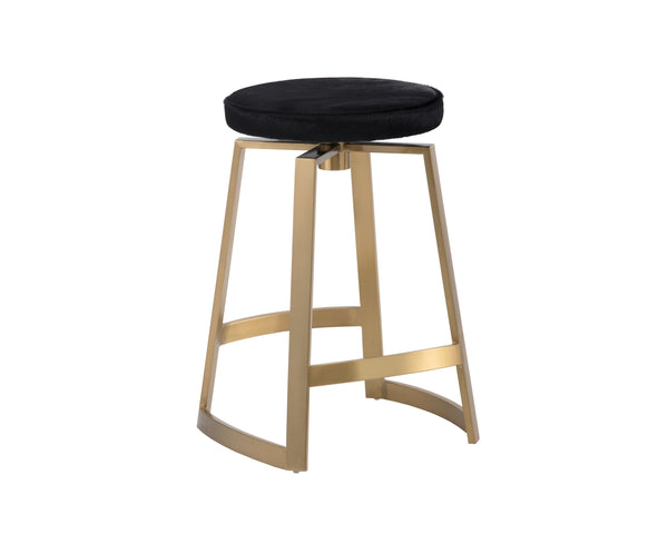 Sunpan Hendrix Swivel Counter Stool: Chic Black Cowhide Seat with Bold Yellow Gold Steel Base for Stylish Dining