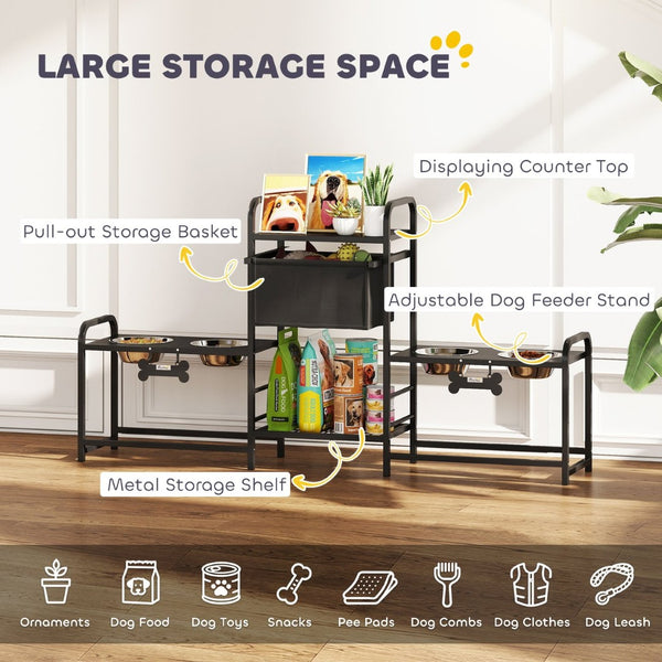 English Elm Pawhut Elevated Dual Feeding Station Steel Frame Adjustable Height with Storage Drawer W2225P485640
