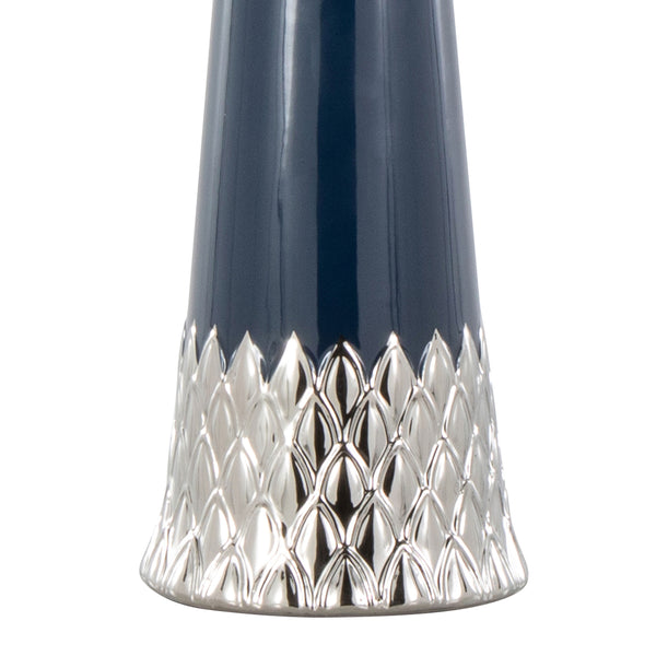 English Elm Penelope 22" Ceramic Table Lamp in Dark Blue with Silver Accent, Woven White Shade, LED Included B202P224198