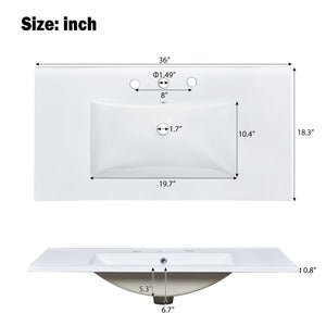 English Elm 36" Light Oak Bathroom Vanity with Ceramic Sink, Rattan Accents, Soft-Close Doors & Spacious Drawers N729P208125O