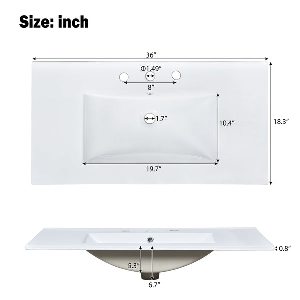 English Elm 36" Light Oak Bathroom Vanity with Ceramic Sink, Rattan Accents, Soft-Close Doors & Spacious Drawers N729P208125O