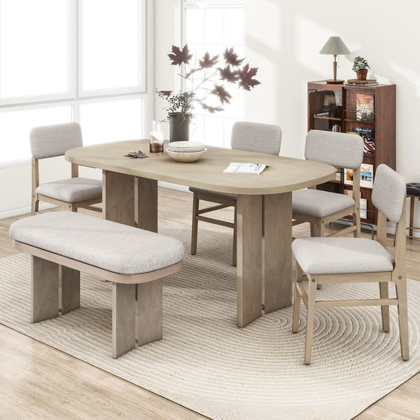 English Elm Topmax Rubberwood Six Piece Dining Set with Bench Linen Upholstered Modern Farmhouse SP000083AAD