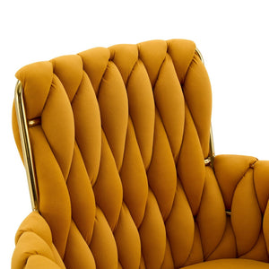 English Elm Set of 2 Velvet Upholstered Dining Chairs Braided Rope Back Glam Metal Legs Gold,Yellow W3875P383935