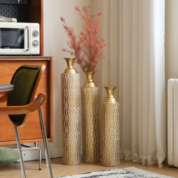 English Elm Metal Decorative Vases Set Of 3 - Antique Gold Finish With Etched Vine Patterns For Elegant Décor W2796P192834