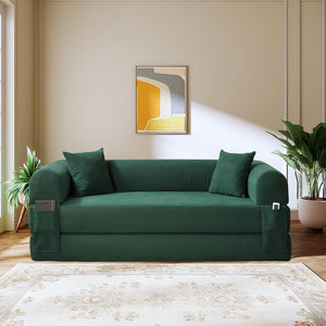 English Elm Convertible Corduroy Sleeper Sofa Queen Fold Out Bed with Dual Storage Pockets Dark Green W3396P483180
