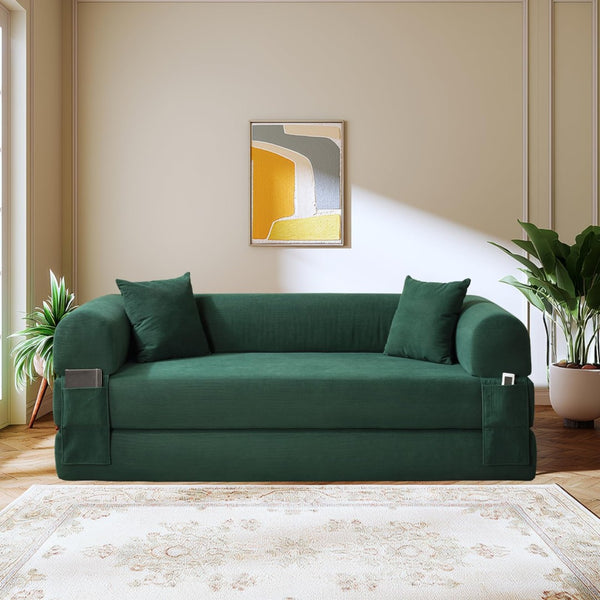 English Elm Convertible Corduroy Sleeper Sofa Queen Fold Out Bed with Dual Storage Pockets Dark Green W3396P483180