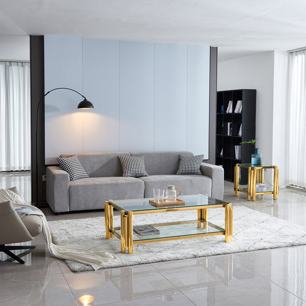 English Elm Modern 2-Piece Coffee Table Set With Gold Stainless Steel & Clear Glass Top For Stylish Living Spaces W2978S00046