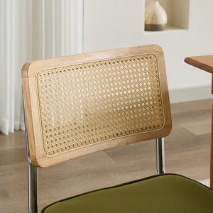 English Elm Mid Velvet Rattan Dining Chair Set of 2 — Breathable Handwoven Back, Plush Velvet, Reinforced Steel Frame Olive Green W1143P168320