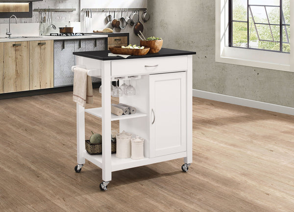 English Elm Ottawa Black Wooden Top Kitchen Cart with White Finish, Stemware Rack, Towel Bar, Locking Casters B2726P272329