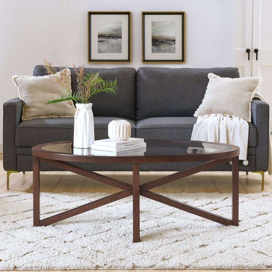 English Elm Modern Round Glass Coffee Table With Solid Wood Base - Stylish Minimalist Design For Living Rooms W487P317847