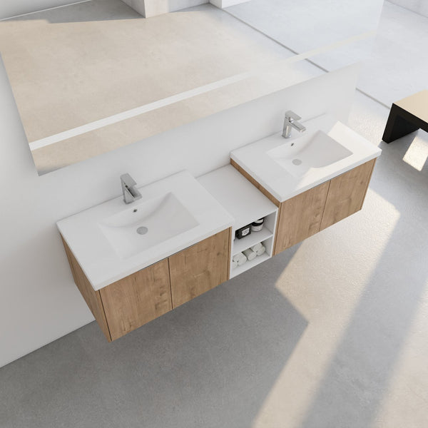 English Elm 72 Inch Wall Mounted Vanity with Resin Sink, Soft-Close Doors, Ample Storage Shelves, Durable Eco Plywood Finish Imitative Oak W999S00188