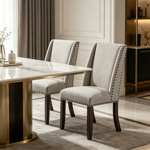 English Elm Set of 2 Wingback Dining Chairs Gray Fabric Bronze Nailhead Trim Wood Legs Formal B2770P508320