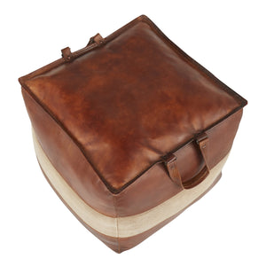 English Elm Cobbler Industrial Pouf Ottoman with Leather & Canvas Upholstery, Recycled Fill, Side Handles, 20"x20"x18" Tan B202P223717