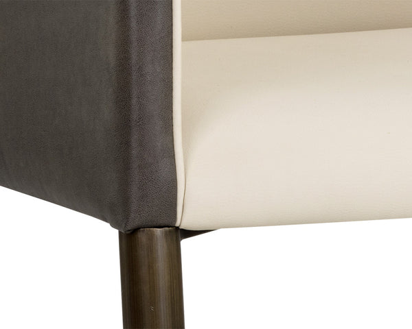 Sunpan Kylin Dining Armchair: Modern Barrel Back Design in Cream Faux Leather with Brass Steel Legs