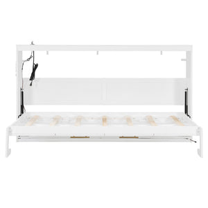 English Elm Twin-size Murphy Wall Bed with Led Lighting Usb Outlet and Decorative Printed Panel White LP000355AAK