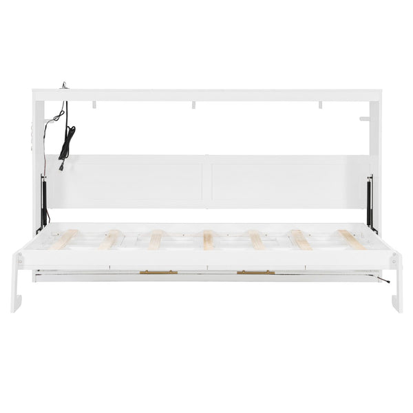 English Elm Twin-size Murphy Wall Bed with Led Lighting Usb Outlet and Decorative Printed Panel White LP000355AAK