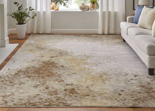 Feizy Rugs Waldor Modern Abstract Distressed Rug - Elegant High-low Pile Design In Gold, Ivory, And Gray Hues Brown,Tan,Ivory Polypropylene,Polyester 73539ncfivygldh13