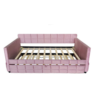 English Elm Modern Velvet Twin Daybed with Pull Out Trundle and Built in Armrest Storage Pockets Pink SF000200AAH