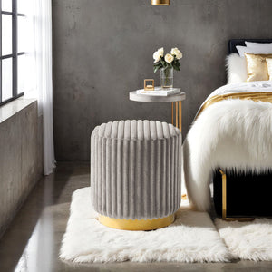 English Elm Gray Channel‑Tufted Round Accent Stool with Gold Stainless Steel Plinth Base, Plush Fur Fabric, 16" B2741P388368