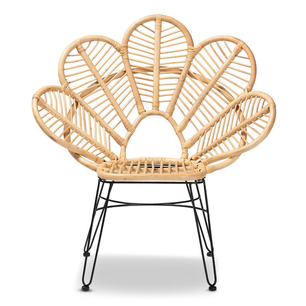 English Elm Modern Bohemian Rattan Accent Chair with Leaf Backrest and Black Metal Legs B2750P470056