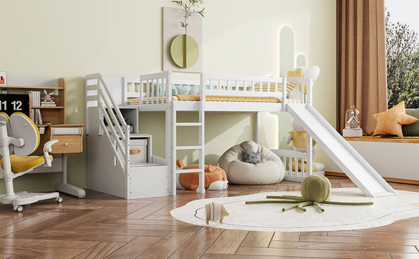 English Elm Stairway Twin Loft Bed with Storage Staircase Slide and Guardrails for Kids White LT000515AAK-1