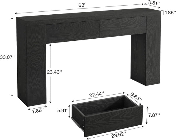 English Elm Practical Geometric Console Table with Matte Black Wood Grain Finish for Entryway or Sofa T3971P454339