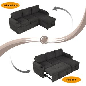 English Elm 83.5" L-shaped Sofa Couch Convertible Sectional with Reversible Chaise, Hidden Storage, USB Ports Black N719S001790B
